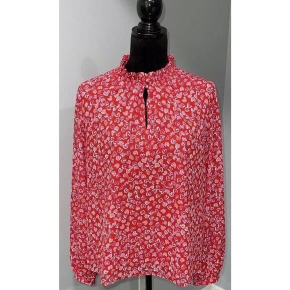 J.Crew Blouse S Keyhole Heart Print Red Pink Long Sleeve Top Valentine’s Day - Picture 4 of 10